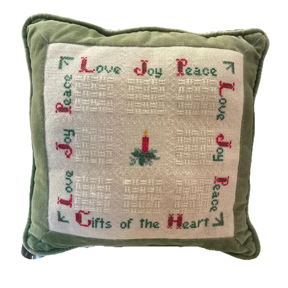 Vtg 1981 handmade Needlepoint Christmas “Gifts Of The Heart” Throw Pillow 14x14